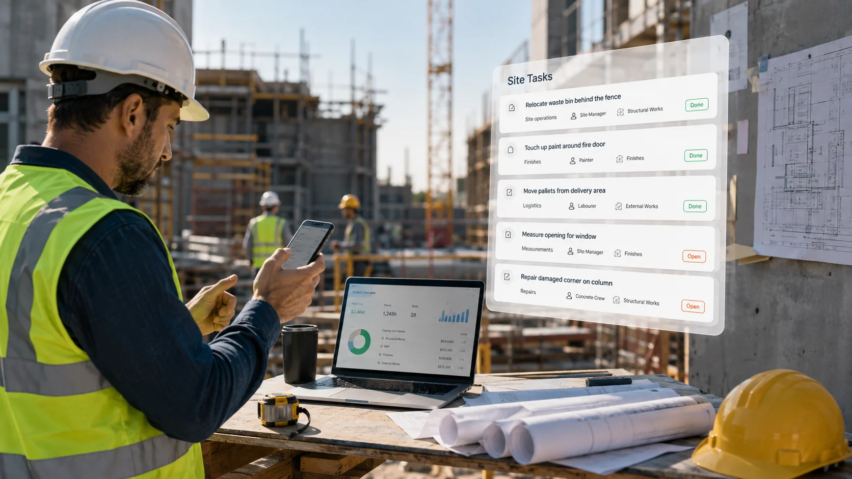 Site manager checking a list of small site tasks on a phone beside a laptop showing project costs on an active construction site.