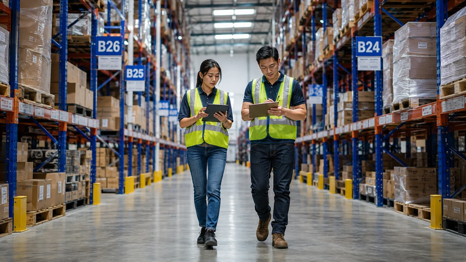 Two warehouse staff in hi-vis vests checking stock on a tablet and clipboard in a racking aisle