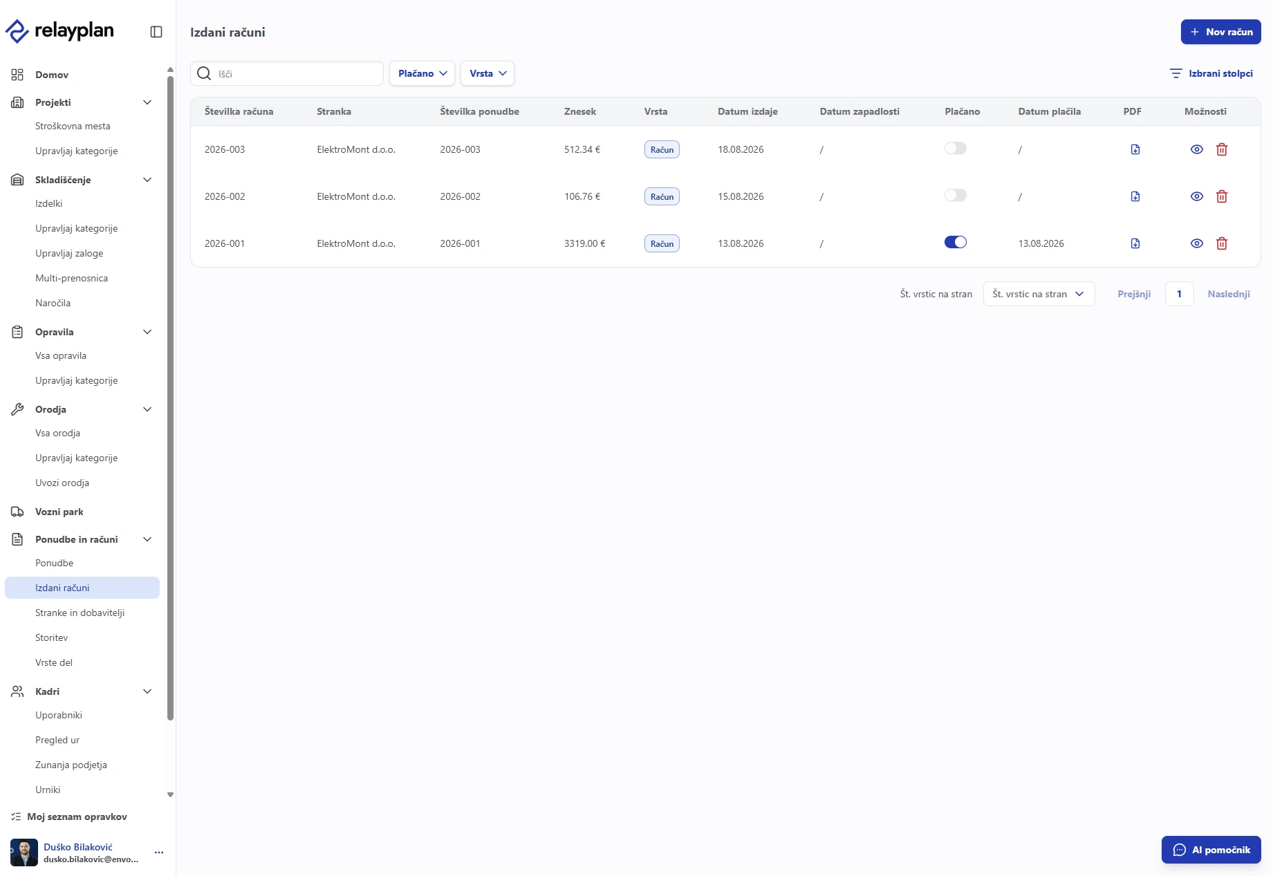 The issued invoice list in RelayPlan