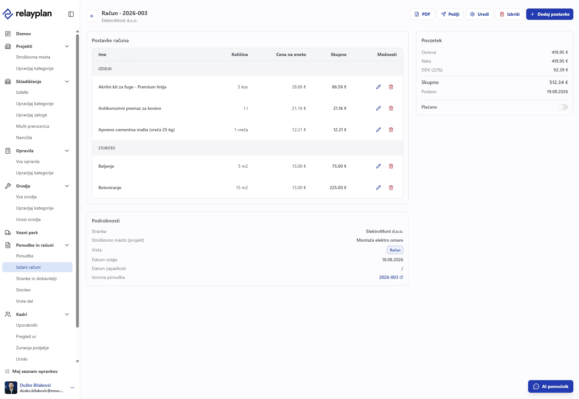 Invoice detail with line items and summary in RelayPlan