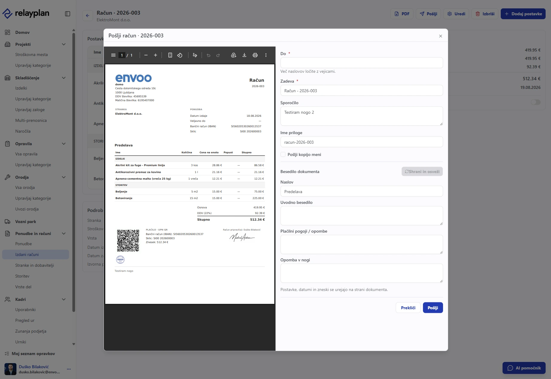The send window with a document preview in RelayPlan