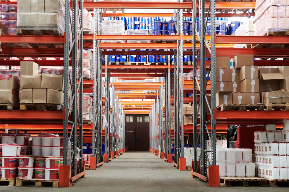 Warehouse racking stocked with construction materials