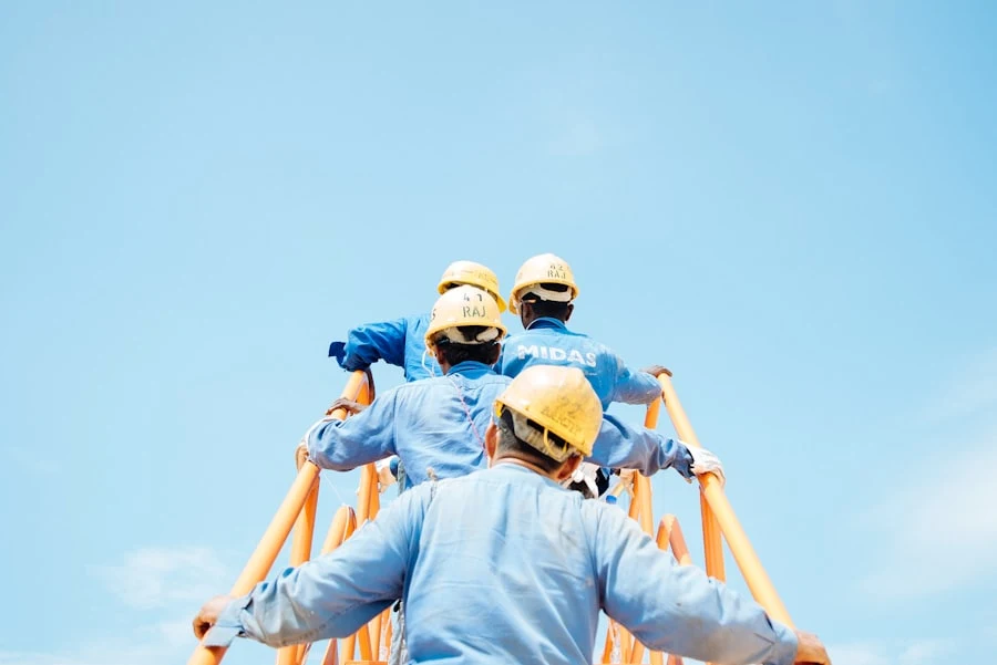 Construction crew talking on site