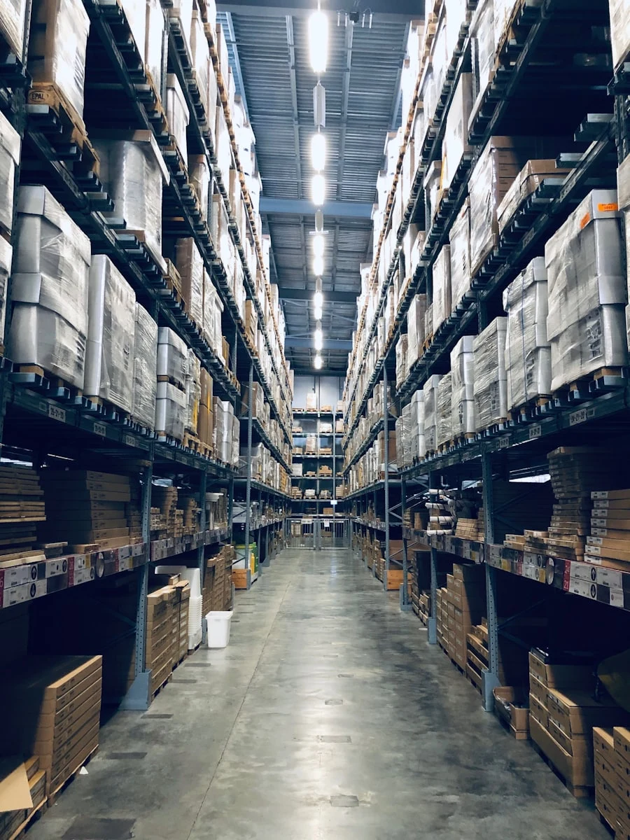 Warehouse aisle with organised shelving