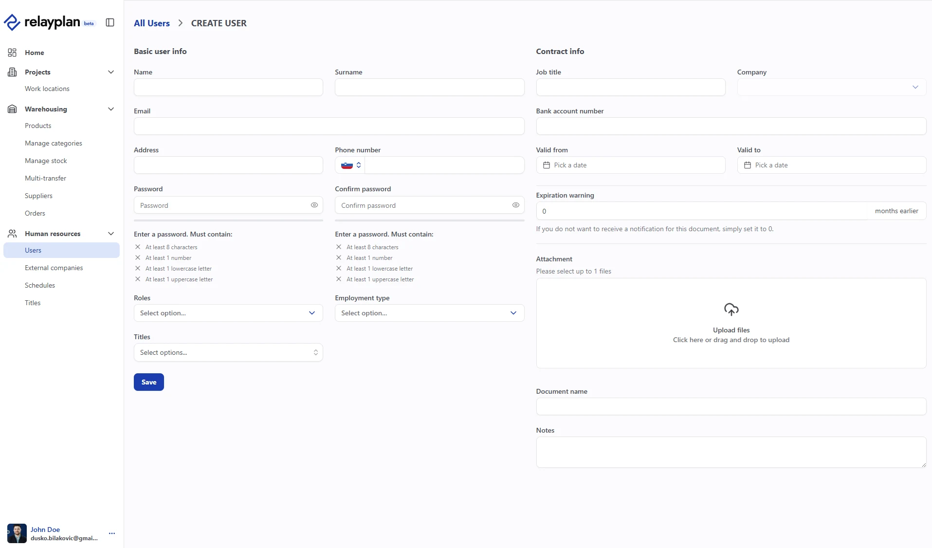 Add new user form in RelayPlan