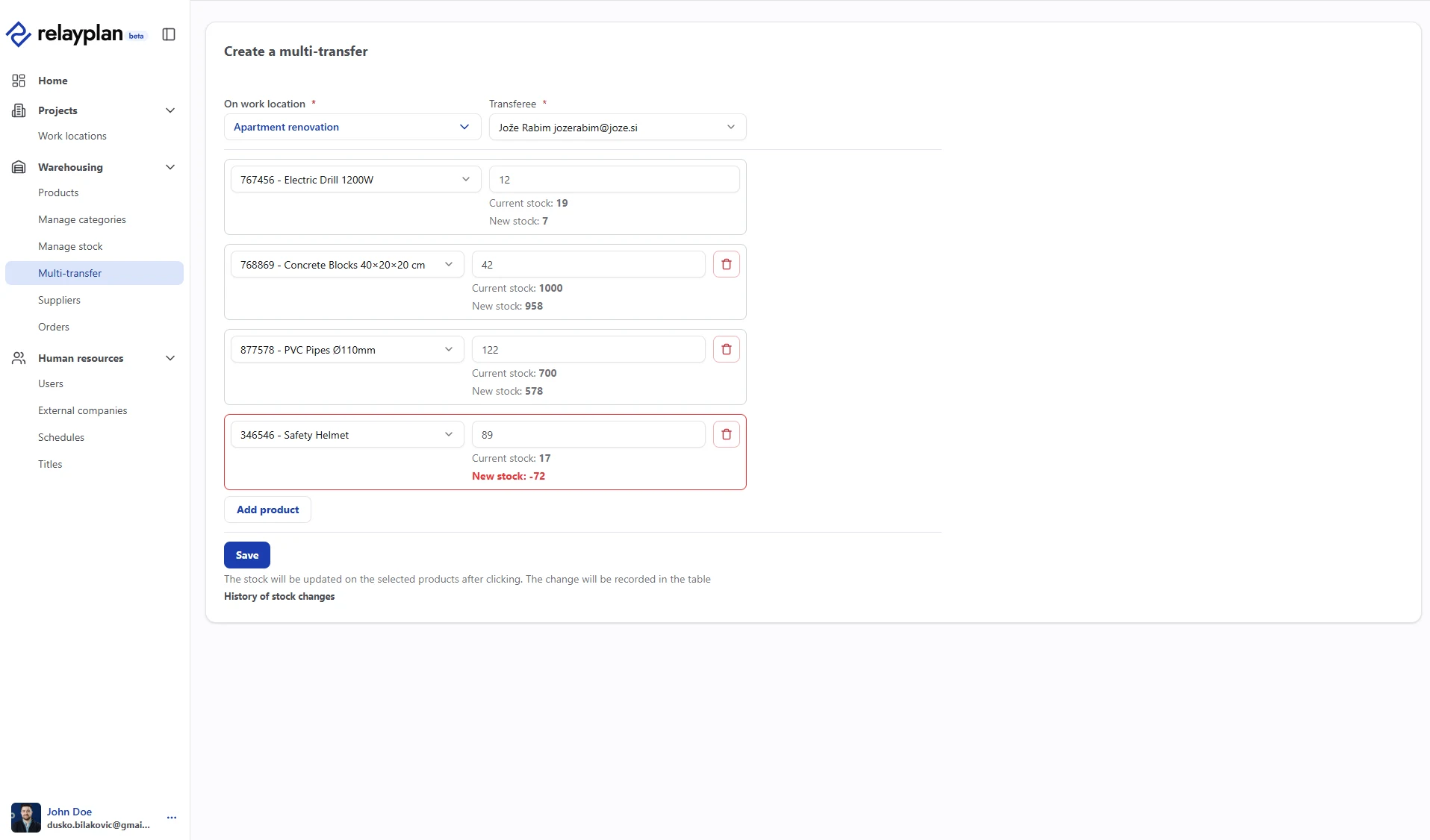 Multi-transfer form in RelayPlan