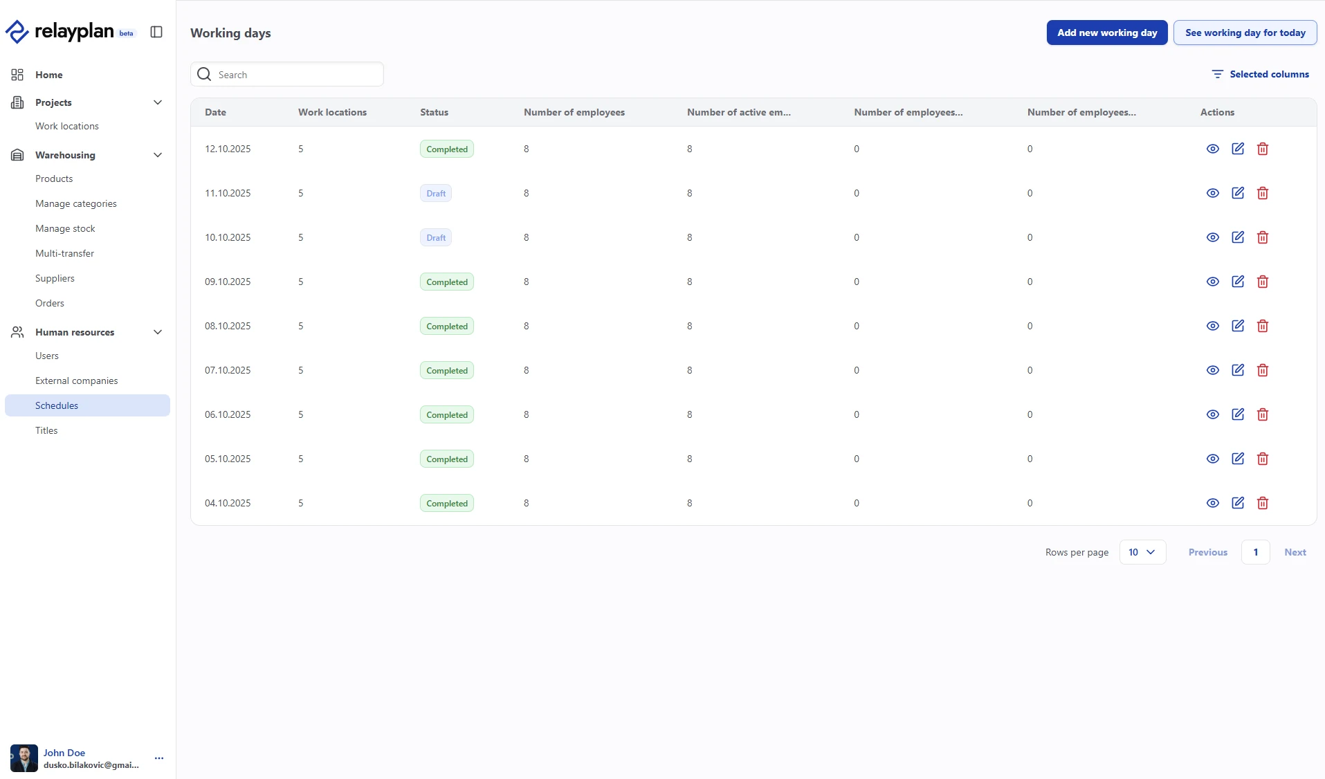 Assignments and schedules list in RelayPlan