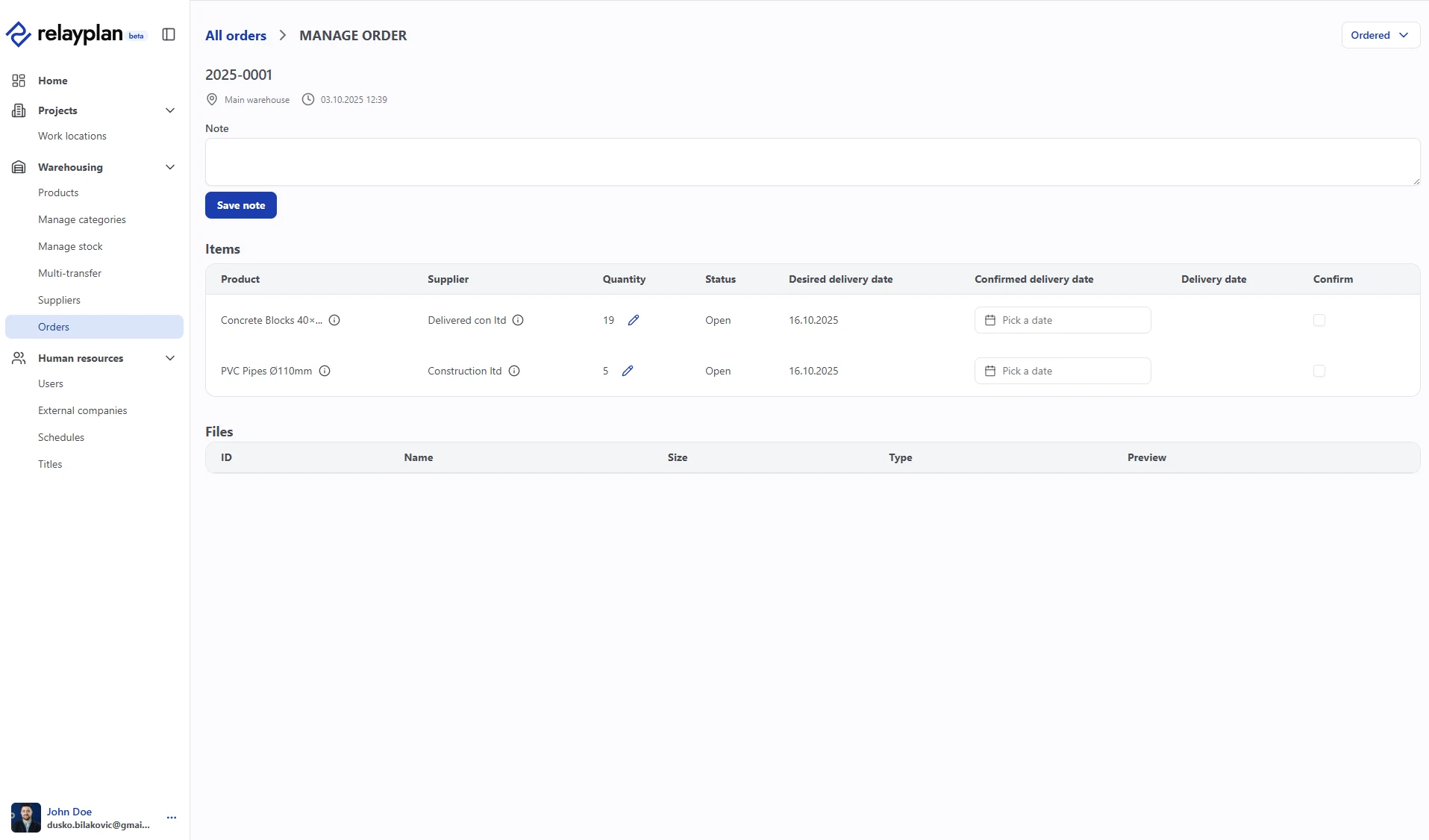 Edit order screen in RelayPlan