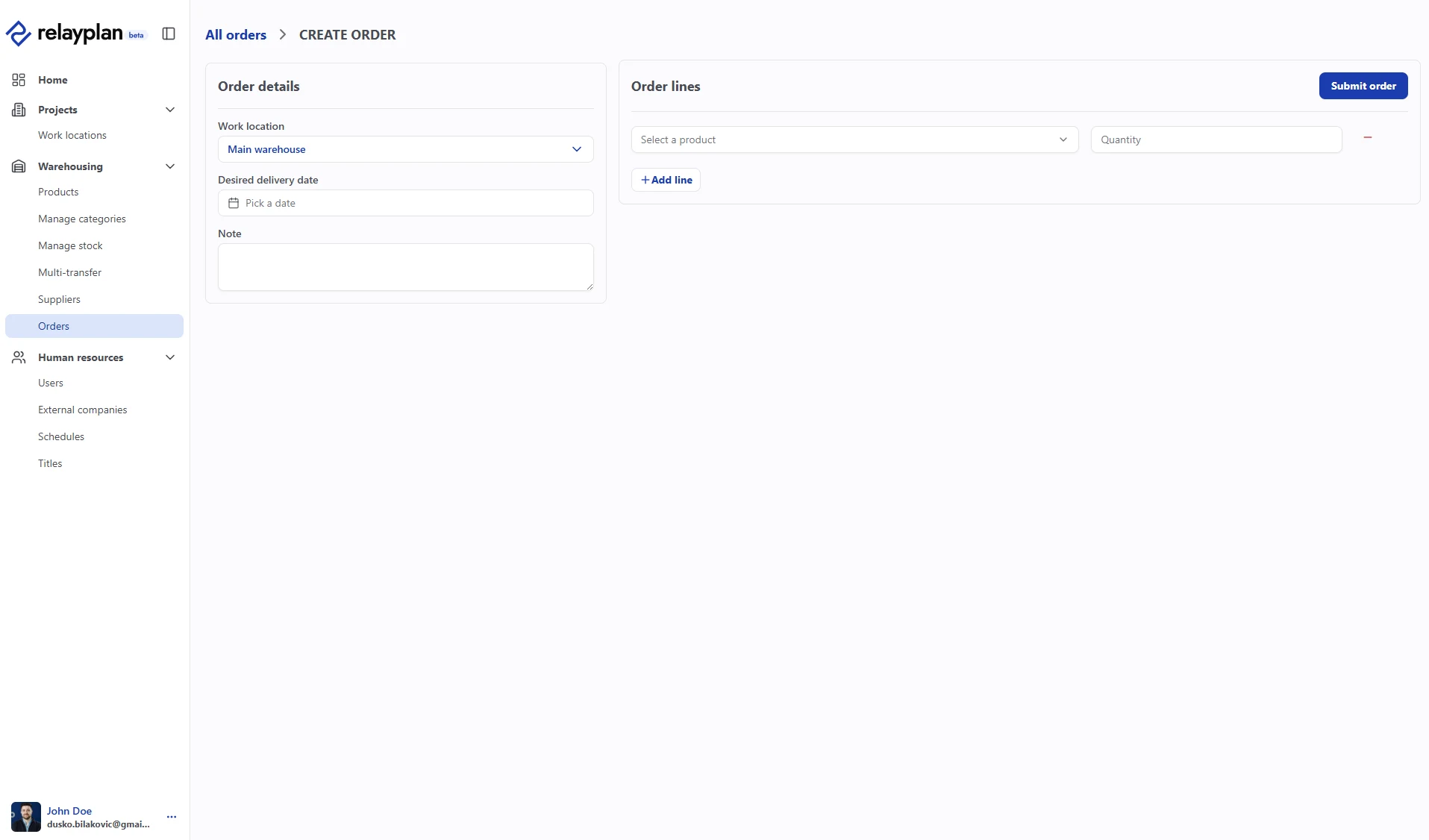 Create order form in RelayPlan
