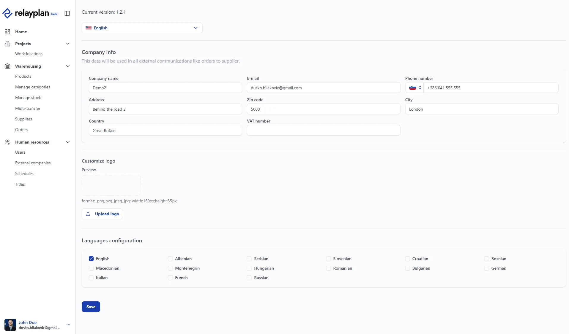 Basic company settings in RelayPlan