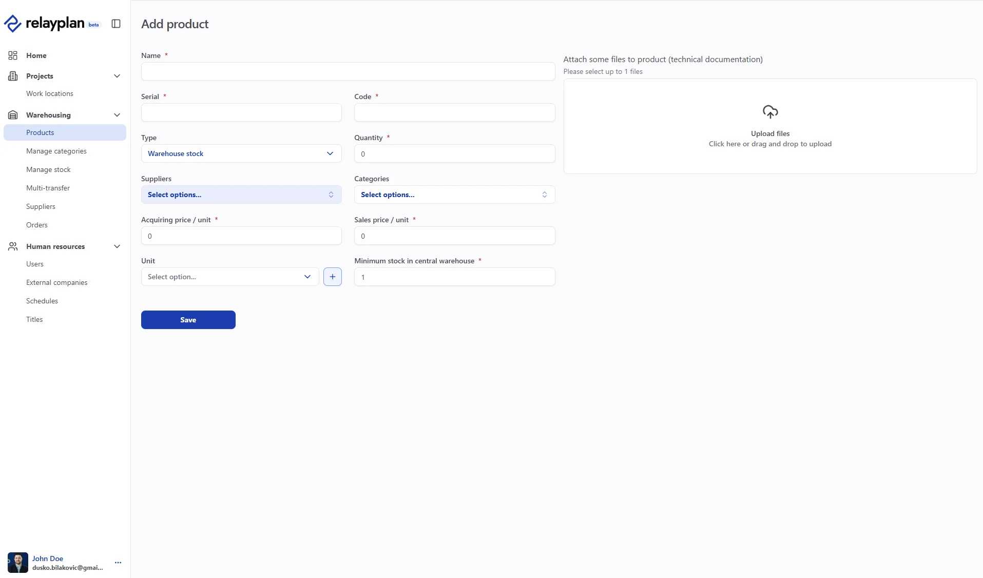 New warehouse item form in RelayPlan