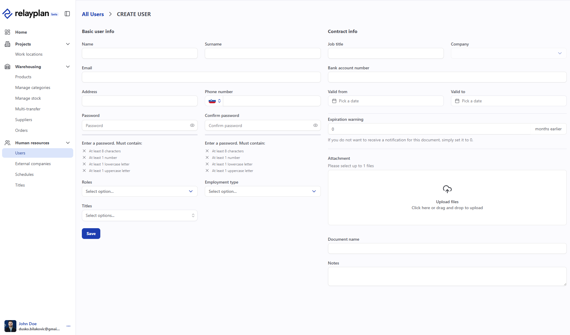 “Add new user” form