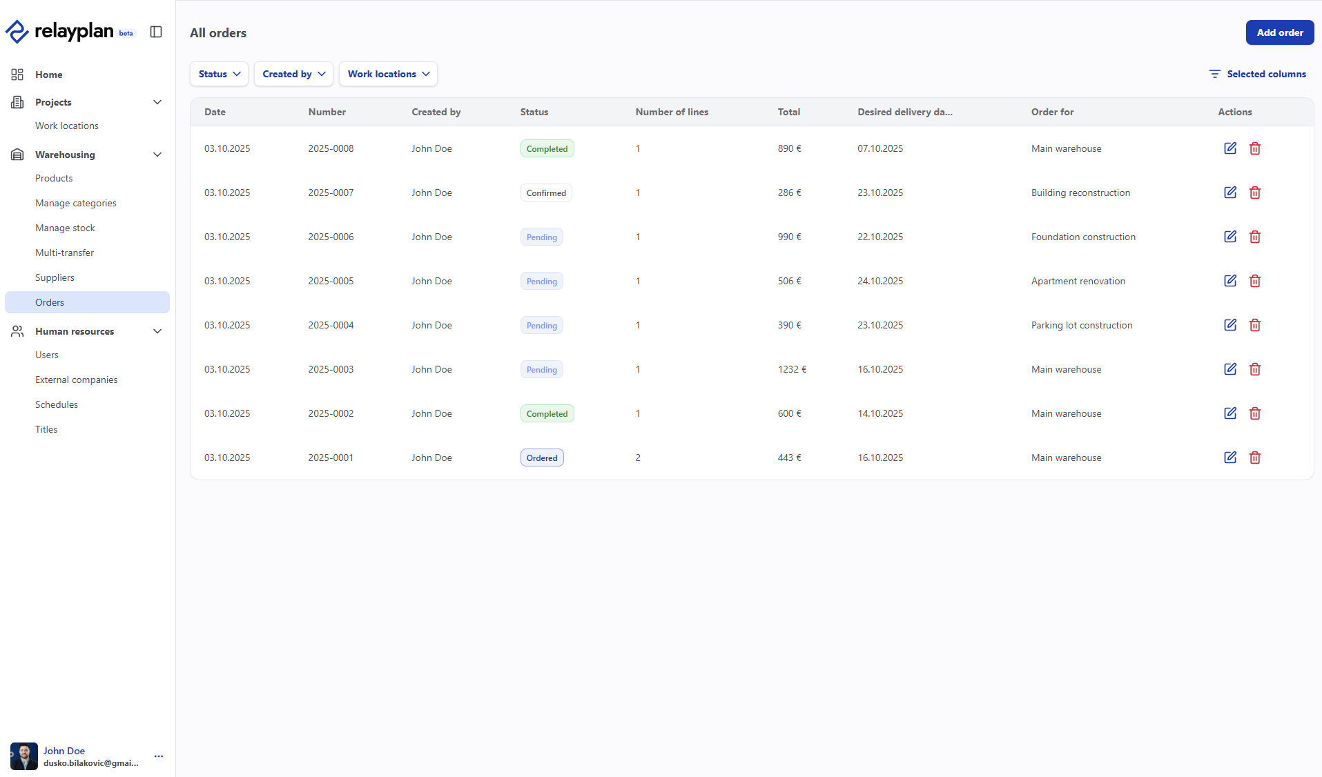Orders list with “Status” column