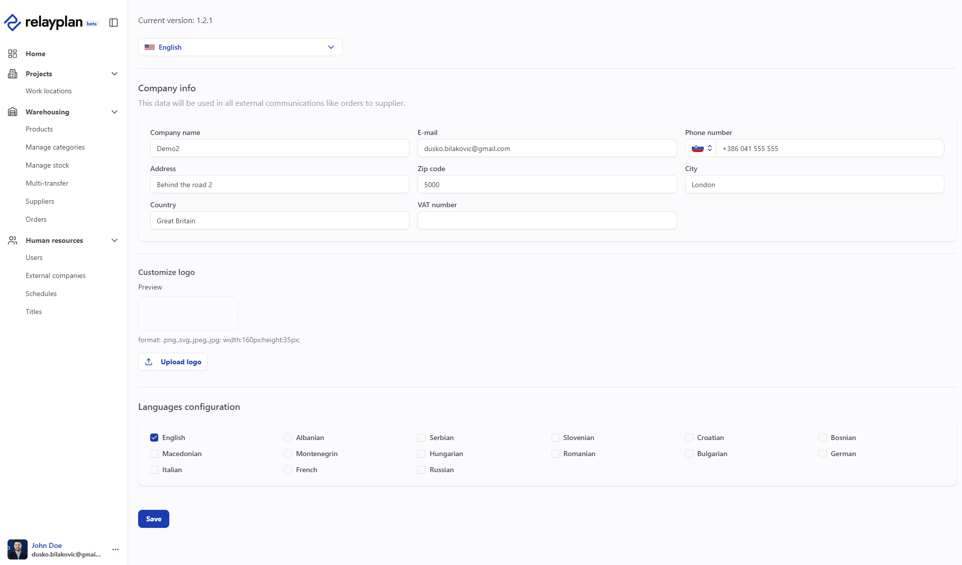 Settings – basic company settings